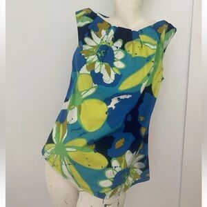 Trina Turk Top Bold Pop Floral Flowers Sleeveless Preppy Sz 2 Blue Green Yellow
